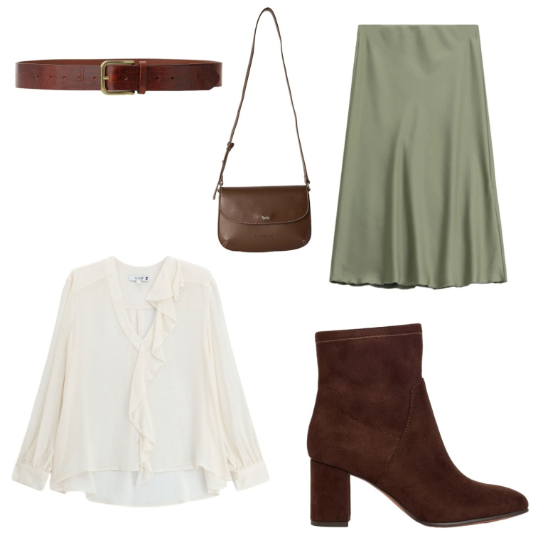 Outfit donna - Tempo libero. Stile Chic per Tutti i giorni. Abbinamento con stivaletti, borse a tracolla, bluse, gonne longuette, cinture.