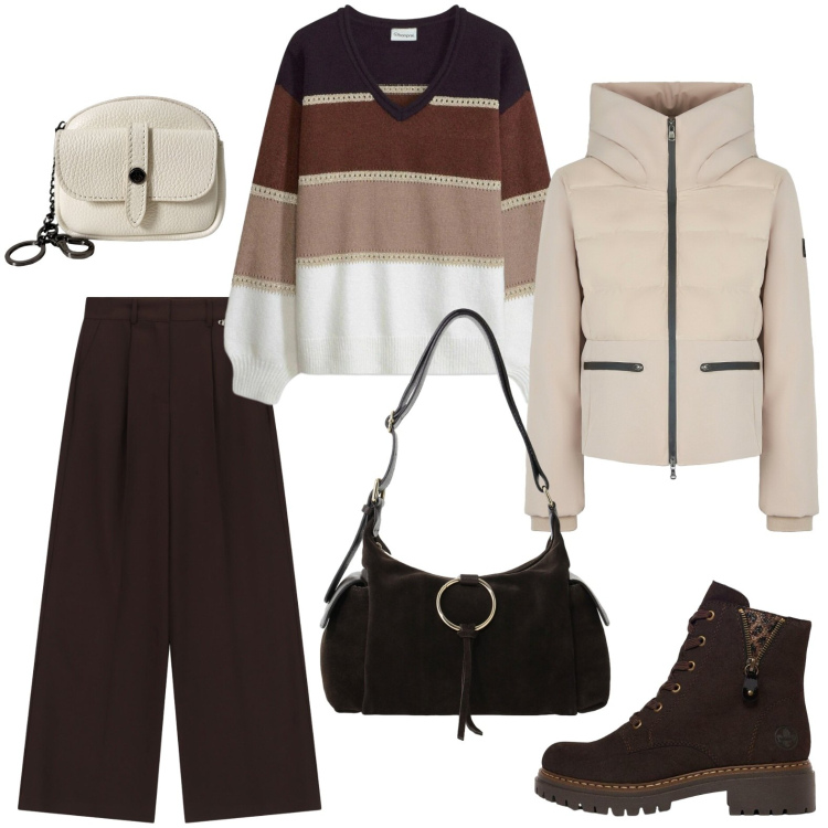 Outfit donna - Per le fredde domeniche che arriveranno. Stile Urban per Tutti i giorni. Abbinamento con stivaletti, maglieria, borse a spalla, pantaloni a palazzo, piumini, portachiavi.