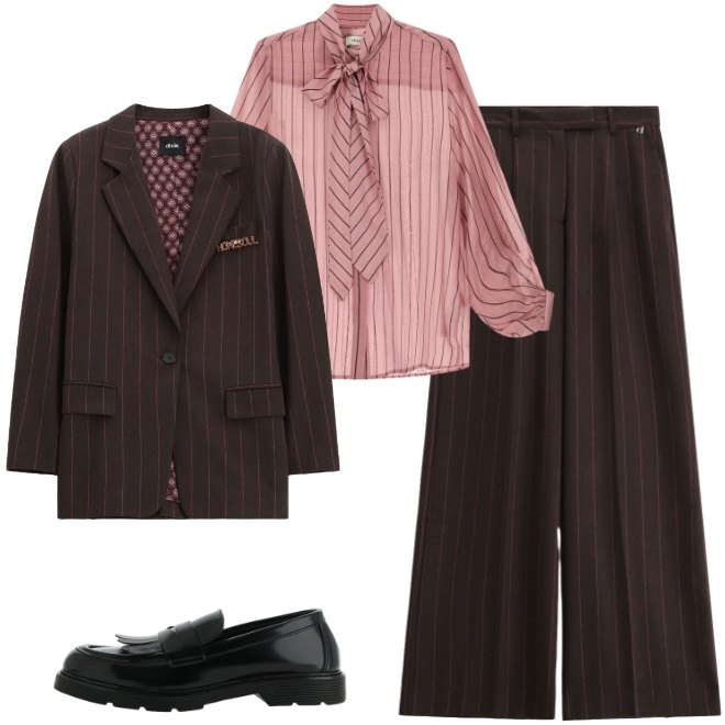 Outfit donna - Completo gessato. Stile Mannish per Tutti i giorni. Abbinamento con pantaloni a palazzo, blazer, mocassini, camicie.
