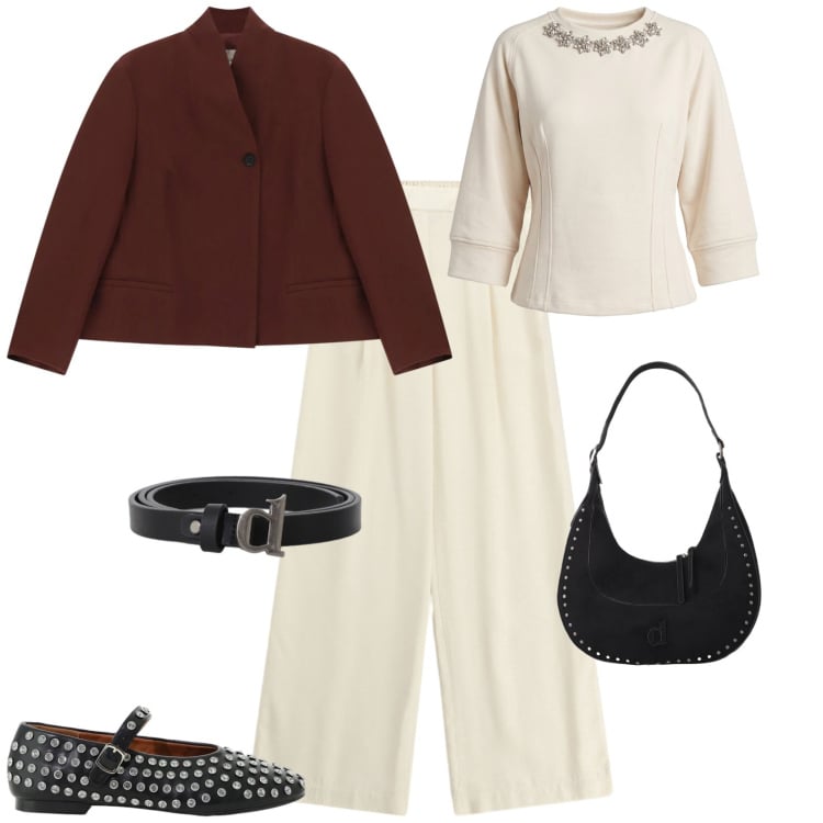 Outfit donna - Chic ufficio tempo libero. Stile Chic per Tutti i giorni. Abbinamento con pantaloni a palazzo, cinture, borse a spalla, ballerine, blazer, felpe.