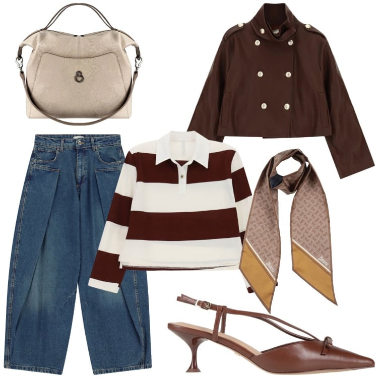 Outfit donna - Apericena post lavoro. Stile Chic per Serata fuori. Abbinamento con sciarpe, décolleté, maglieria, blazer, jeans, borse a mano.