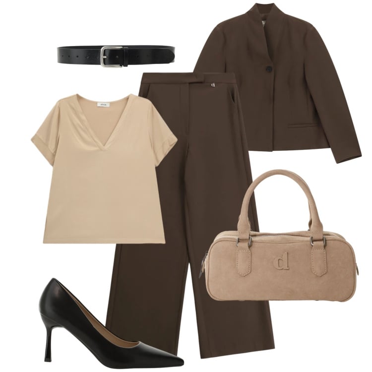 Outfit donna - New collection Dixie FW26. Stile Glamour per Tutti i giorni. Abbinamento con décolleté, borse a mano, t-shirt, blazer, cinture, pantaloni a palazzo.