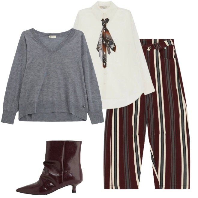 Outfit donna - Grigio e vinaccia. Stile Glamour per Serata fuori. Abbinamento con maglieria, pantaloni, camicie, stivaletti.