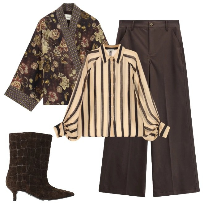 Outfit donna - Kimono a fiori. Stile Glamour per Serata fuori. Abbinamento con stivali, pantaloni a palazzo, camicie, kimono.
