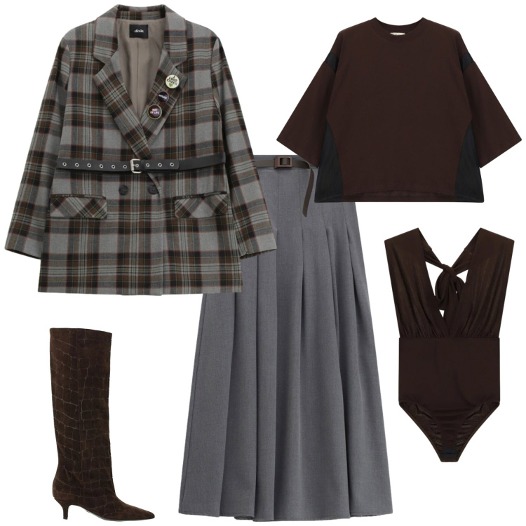 Outfit donna - Grigio marrone scozzese. Stile Casual chic per Tutti i giorni. Abbinamento con stivali, gonne lunghe, blazer, body, t-shirt.