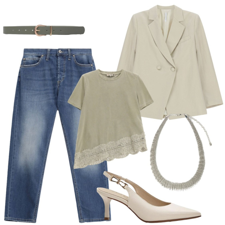 Outfit donna - Sbalzi termici. Stile Chic per Ufficio. Abbinamento con décolleté, cinture, blazer, jeans dritti, t-shirt, collane.