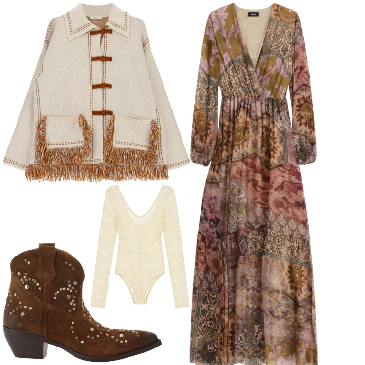 Outfit donna - Boho chic serata evento. Stile Boho per Tutti i giorni. Abbinamento con body, vestiti lunghi, cardigans, stivaletti texani.