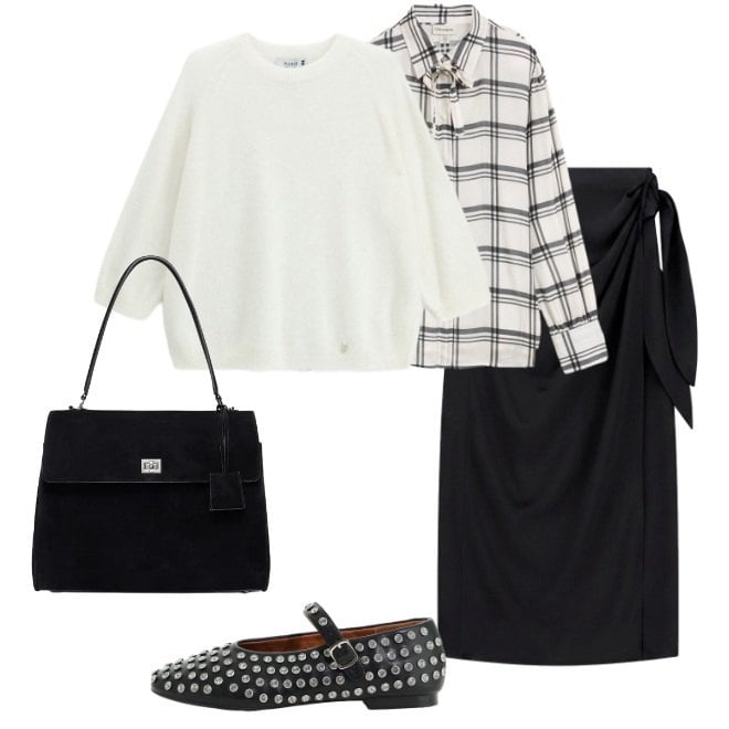 Outfit donna - Bianco e nero. Stile Urban per Tutti i giorni. Abbinamento con camicie, gonne longuette, maglieria, ballerine, borse a mano.