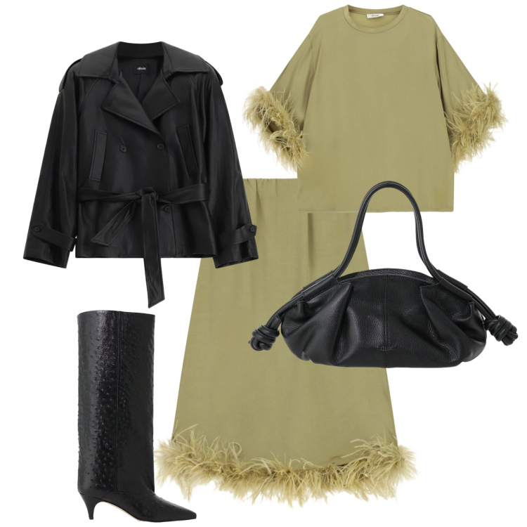 Outfit donna - Serata alternativa Dixie. Stile Trendy per Serata fuori. Abbinamento con top, trench, borse a mano, stivali, gonne longuette.