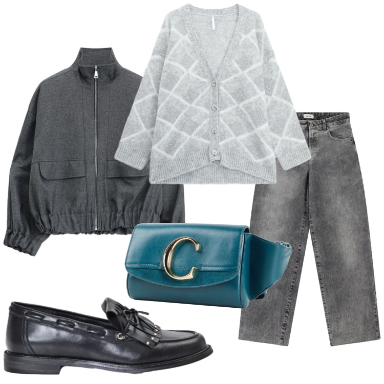 Outfit donna - Total look #2477202. Stile Mannish per Ufficio. Abbinamento con marsupi, cardigans, bomber, jeans, mocassini.