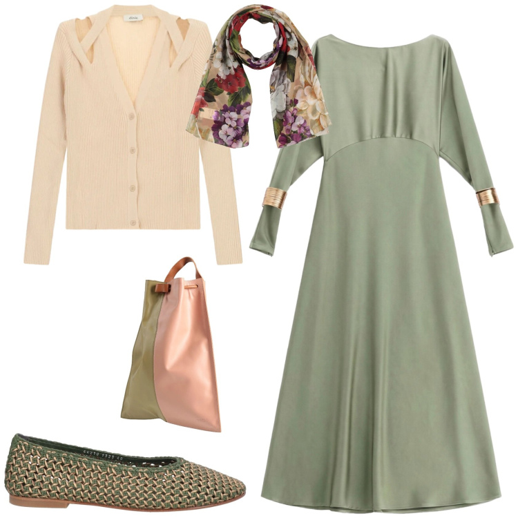 Outfit donna - Romantica chic ufficio tempo libero. Stile Romantica per Tutti i giorni. Abbinamento con sciarpe, ballerine, zaini, vestiti lunghi, cardigans.