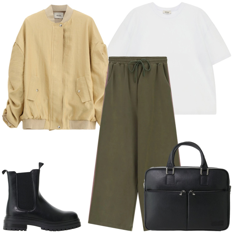 Outfit donna - Total look #2477208. Stile Casual chic per Tutti i giorni. Abbinamento con stivaletti chelsea, borse messenger, pantaloni a palazzo, bomber, t-shirt.