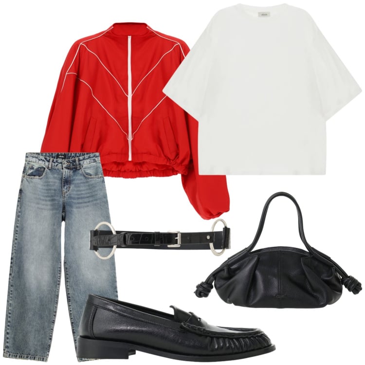 Outfit donna - Total look #2477211. Stile Casual chic per Tutti i giorni. Abbinamento con mocassini, t-shirt, jeans dritti, bomber, borse a mano, cinture.