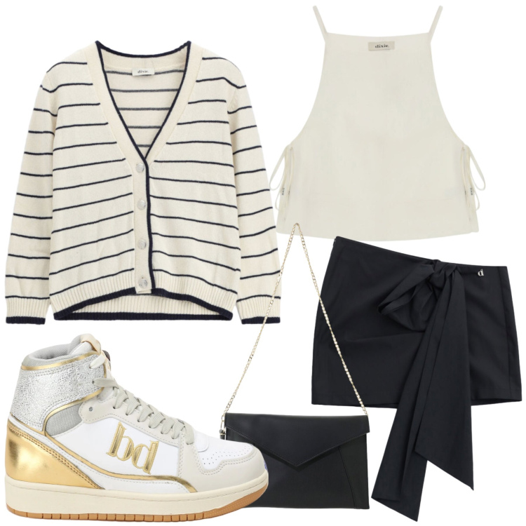 Outfit donna - Total look #2477213. Stile Casual chic per Tutti i giorni. Abbinamento con borse a tracolla, sneakers alte, cardigans, top, minigonne.
