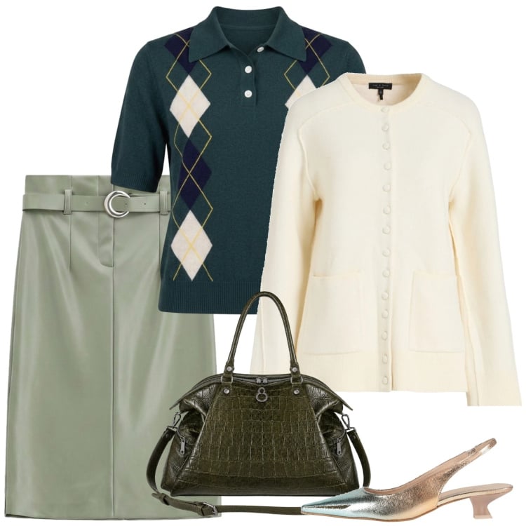 Outfit donna - Il verde che non ti aspetti. Stile Chic per Ufficio. Abbinamento con décolleté, cardigans, maglieria, gonne longuette, shopping bag.