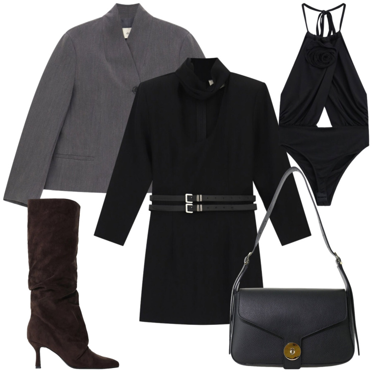 Outfit donna - Total look #2477215. Stile Glamour per Serata fuori. Abbinamento con stivali, borse a spalla, vestiti corti, body, blazer.