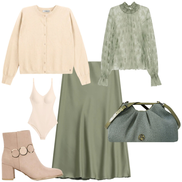 Outfit donna - Romantica chic ufficio tempo libero. Stile Romantica per Tutti i giorni. Abbinamento con body, stivaletti, bluse, gonne longuette, cardigans, clutch.