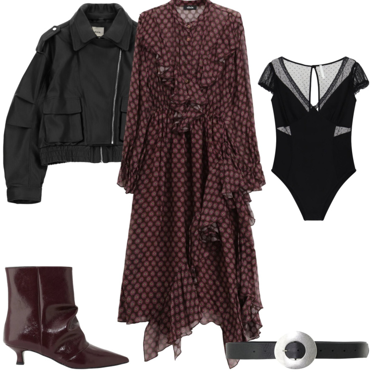 Outfit donna - Total look #2477220. Stile Glamour per Tutti i giorni. Abbinamento con body, vestiti asimmetrici, giacche, cinture, stivaletti.