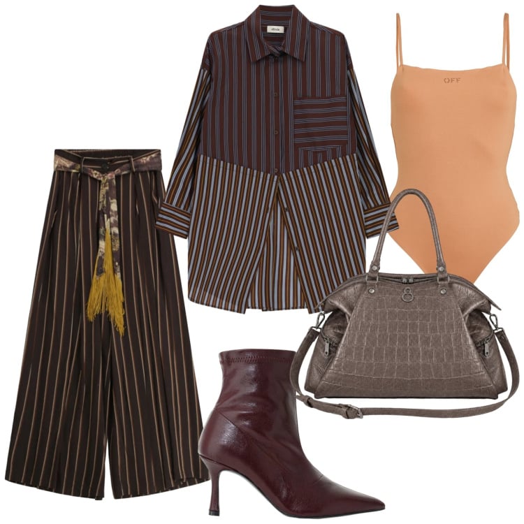 Outfit donna - Total look #2477221. Stile Glamour per Serata fuori. Abbinamento con body, stivaletti, pantaloni a palazzo, camicie, shopping bag.
