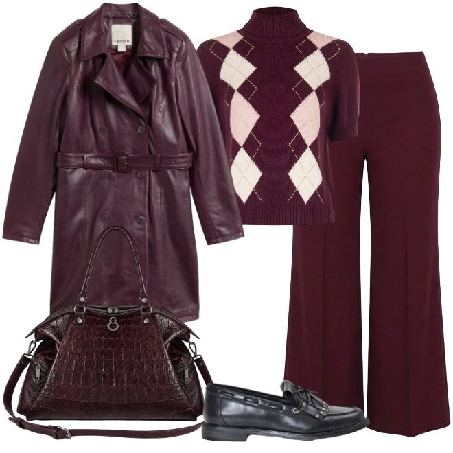 Outfit donna - Sfumature di viola. Stile Urban per Ufficio. Abbinamento con trench, pantaloni a palazzo, mocassini, maglieria, shopping bag.