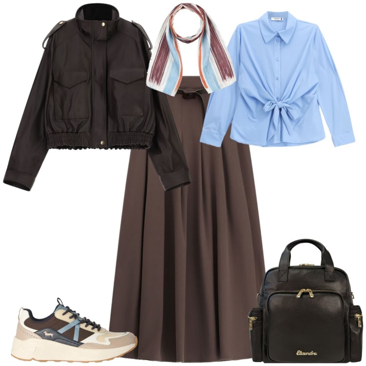 Outfit donna - Casual chic ufficio tempo libero. Stile Casual chic per Ufficio. Abbinamento con sciarpe, sneakers, giacche, gonne lunghe, camicie, zaini.