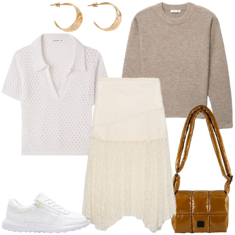 Outfit donna - Total look #2477224. Stile Casual chic per Tutti i giorni. Abbinamento con sneakers, orecchini, polo, gonne longuette, maglieria, borse a spalla.