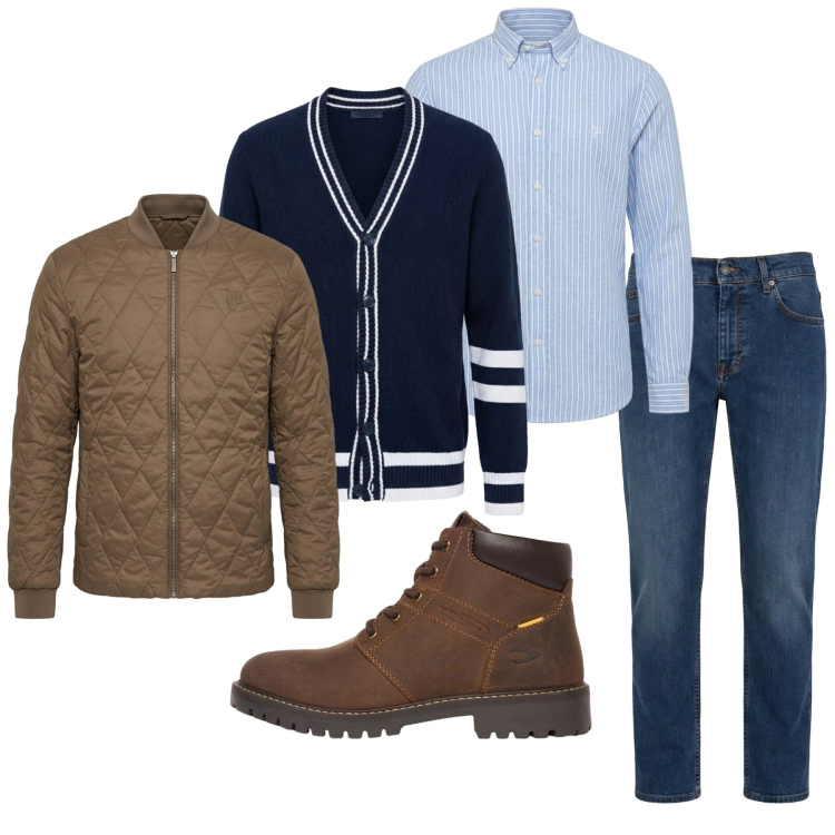 Outfit uomo - Total look #2477225. Stile Urban per Tutti i giorni. Abbinamento con jeans, piumini, cardigans, camicie, stivali e stivaletti.