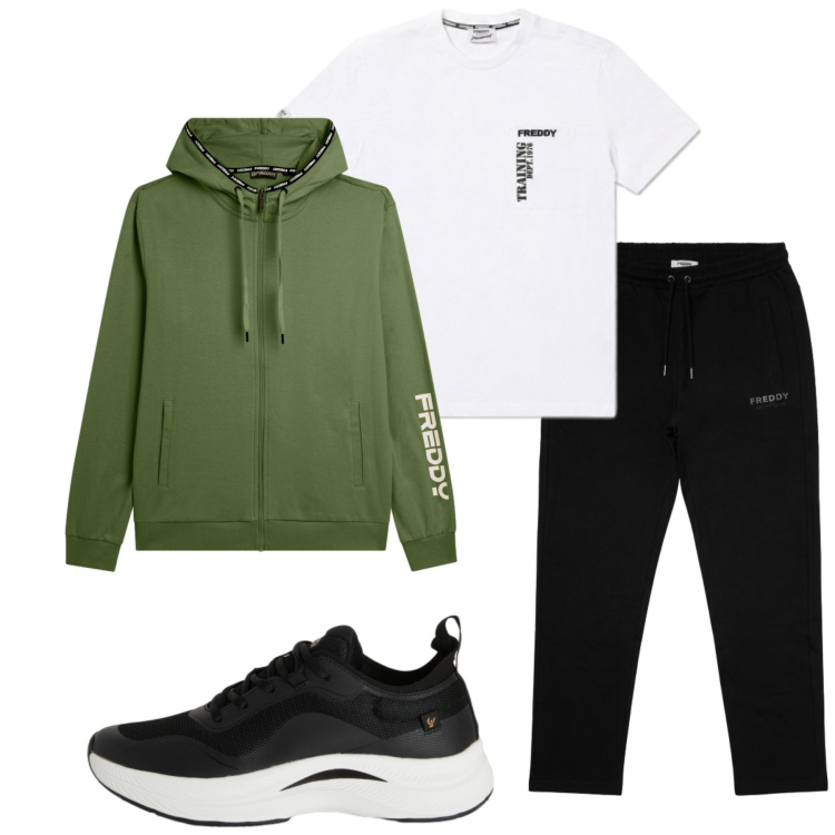 Outfit uomo - Total look #2477228. Stile Urban per Sport. Abbinamento con sneakers, felpe con cappuccio, t-shirt, pantaloni.