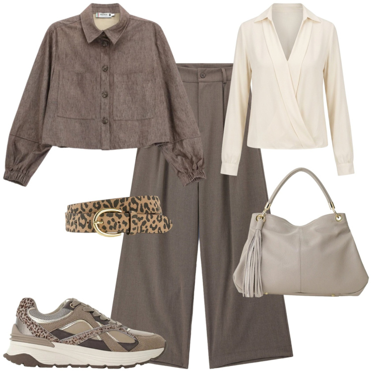 Outfit donna - Casual chic ufficio tempo libero. Stile Casual chic per Ufficio. Abbinamento con cinture, sneakers, pantaloni a palazzo, borse a spalla, bluse, cappotti.