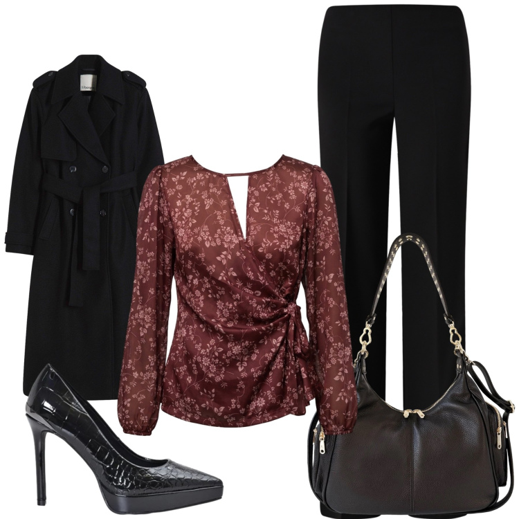 Outfit donna - Total look #2477234. Stile Casual chic per Serata fuori. Abbinamento con trench, pantaloni a palazzo, décolleté, borse a spalla, bluse.