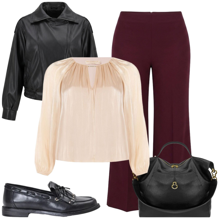 Outfit donna - Total look #2477236. Stile Chic per Serata fuori. Abbinamento con bomber, bluse, pantaloni a palazzo, mocassini, borse a spalla.