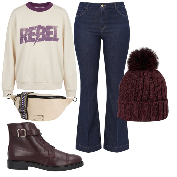 Outfit donna - Total look #2477237. per Tutti i giorni. Abbinamento con stivaletti, marsupi, felpe, jeans a zampa, berretti.