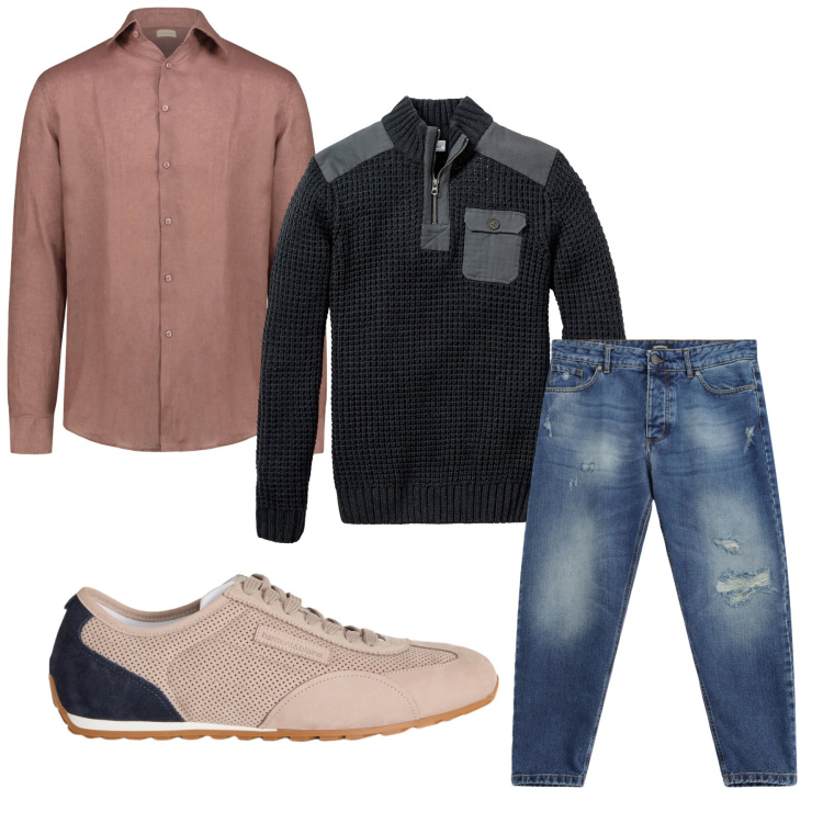 Outfit uomo - Total look #2477243. Stile Casual per Tutti i giorni. Abbinamento con sneakers, jeans strappati, camicie, maglieria.