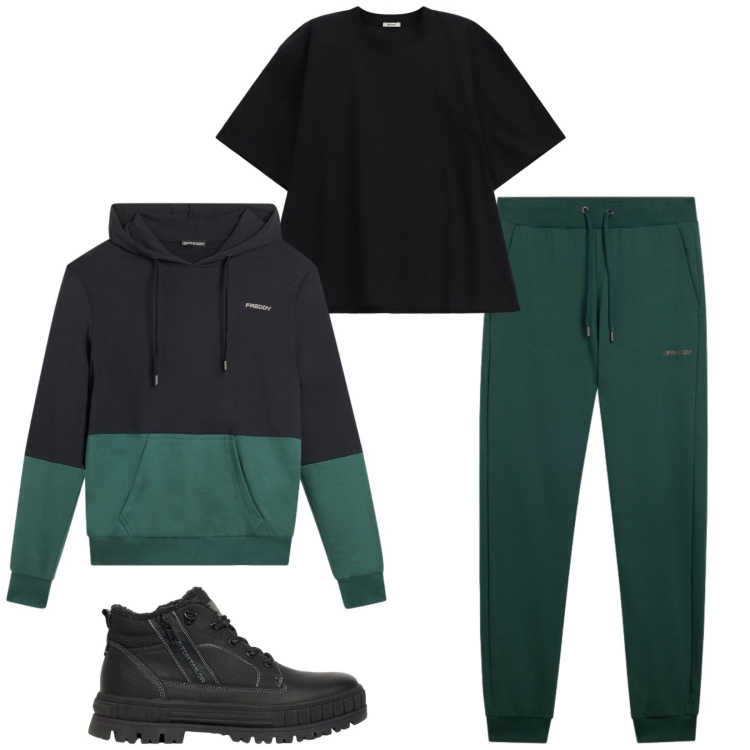 Outfit uomo - Total look #2477254. Stile Urban per Sport. Abbinamento con t-shirt, felpe con cappuccio, pantaloni, stivali e stivaletti.