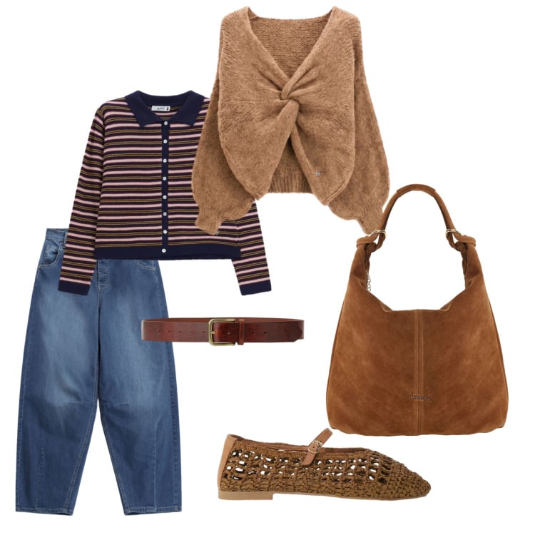 Outfit donna - Partiamo!. Stile Casual per Tutti i giorni. Abbinamento con borse a spalla, jeans, maglieria, cardigans, cinture, ballerine.