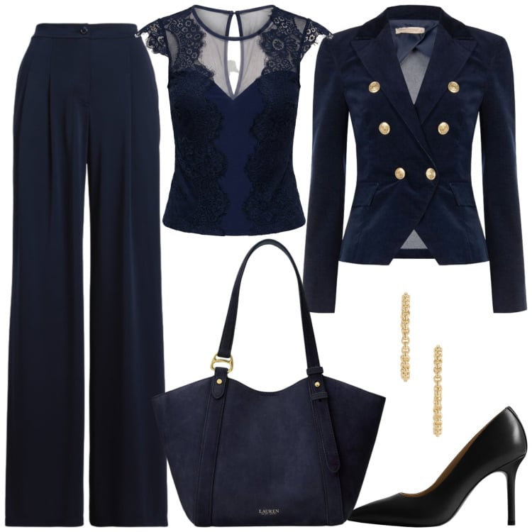 Outfit donna - IBW Blue. Stile Chic per Ufficio. Abbinamento con top, blazer, décolleté, pantaloni, borse tote, orecchini.