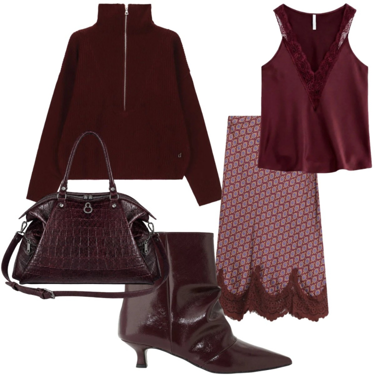 Outfit donna - Maglieria leggera e gonne midi. Stile Romantica per Serata fuori. Abbinamento con top, gonne longuette, maglieria, stivaletti, shopping bag.