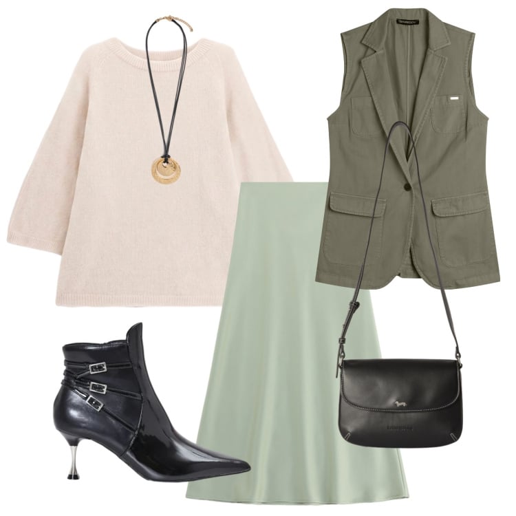 Outfit donna - Total look #2477280. Stile Urban per Tutti i giorni. Abbinamento con borse a tracolla, gilet, maglieria, gonne lunghe, stivaletti, ciondoli.