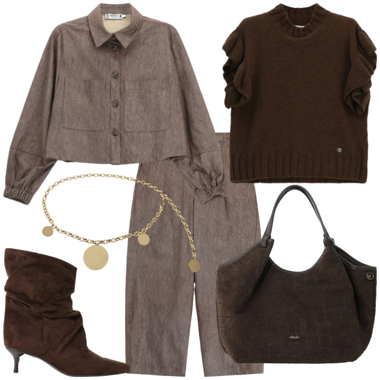 Outfit donna - Please FW26. Stile Trendy per Tutti i giorni. Abbinamento con stivali, pantaloni a palazzo, cappotti, maglieria, borse a spalla, cinture.