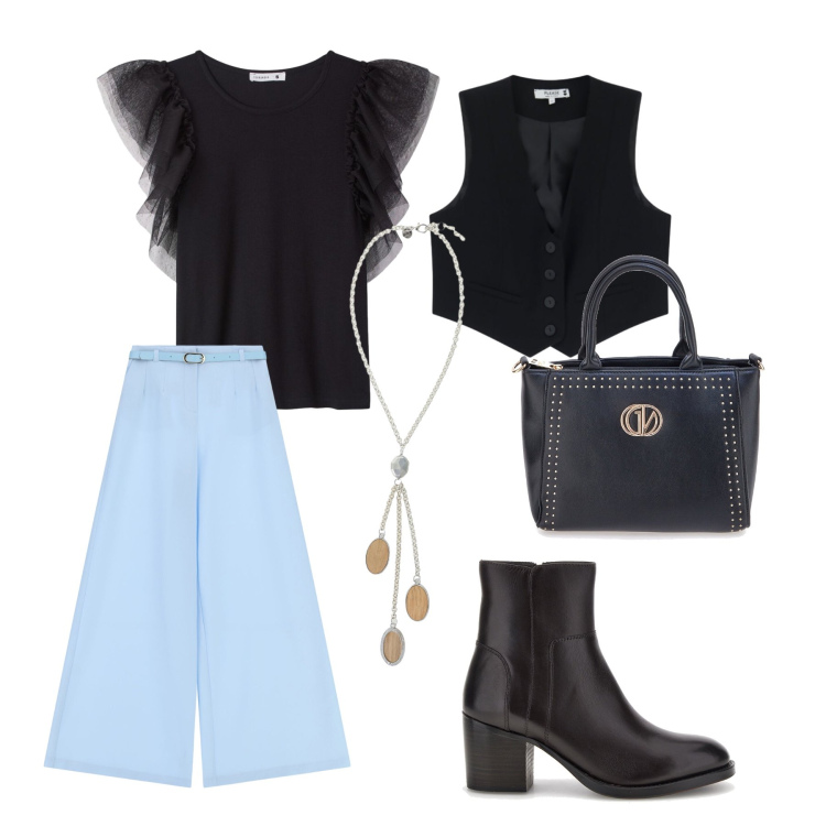 Outfit donna - Business chic. Stile Casual chic per Ufficio. Abbinamento con t-shirt, pantaloni a palazzo, collane, gilet, borse a mano, stivaletti.