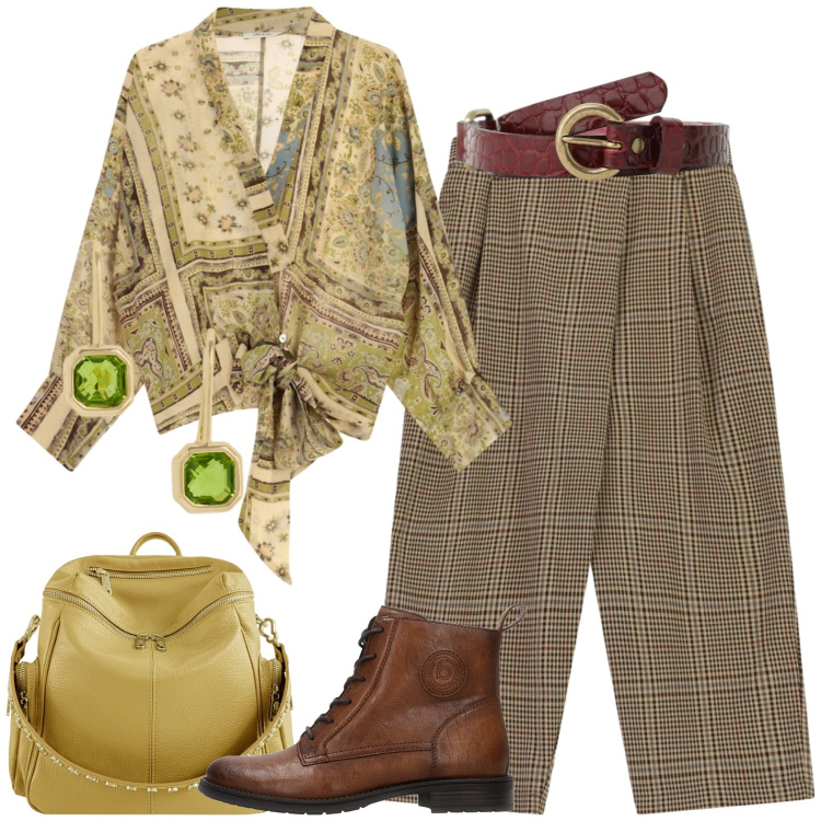 Outfit donna - Business woman. Stile Casual chic per Ufficio. Abbinamento con camicie, cinture, pantaloni, zaini, orecchini, anfibi.