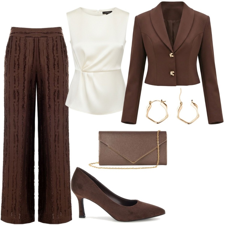 Outfit donna - Total look #2477288. Stile Chic per Serata fuori. Abbinamento con orecchini, blazer, pantaloni a palazzo, bluse, clutch, décolleté.