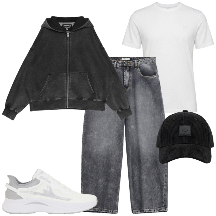 Outfit uomo - Settembre. Stile Casual per Tutti i giorni. Abbinamento con t-shirt, jeans, sneakers, cappelli con visiera, felpe con cappuccio.