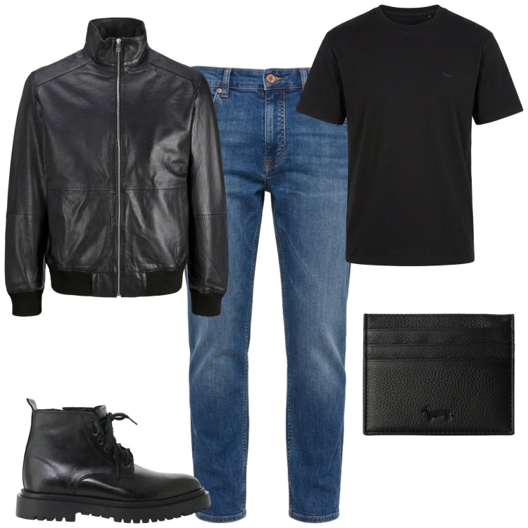 Outfit uomo - City. Stile Casual per Tutti i giorni. Abbinamento con jeans, t-shirt, portafogli, anfibi, giacche.