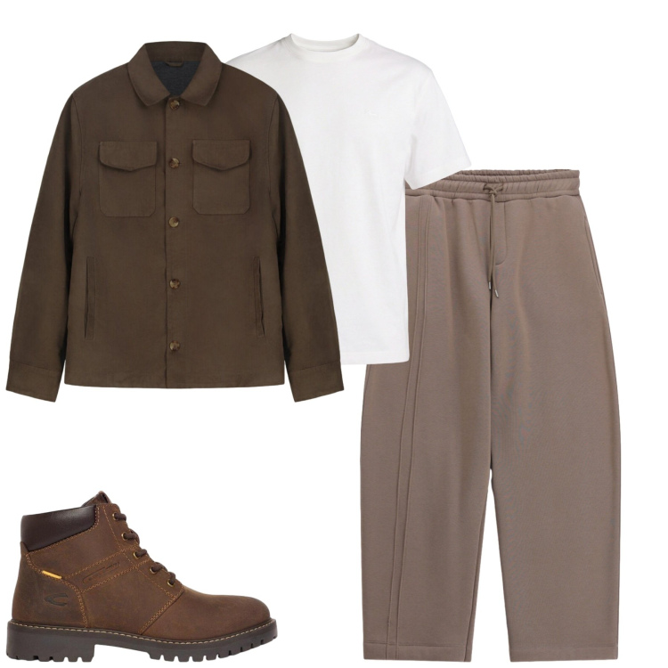 Outfit uomo - Fall. Stile Casual per Tutti i giorni. Abbinamento con t-shirt, pantaloni, cappotti, stivali e stivaletti.