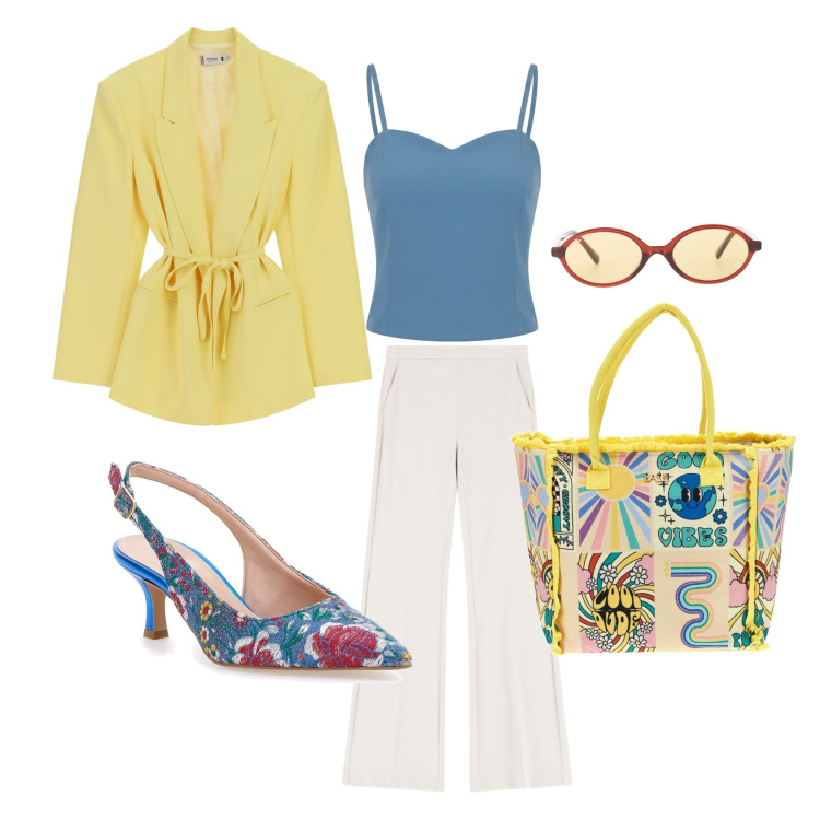 Outfit donna - Business woman. Stile Casual chic per Ufficio. Abbinamento con pantaloni, occhiali da sole, canottiere, blazer, décolleté, borse a spalla.