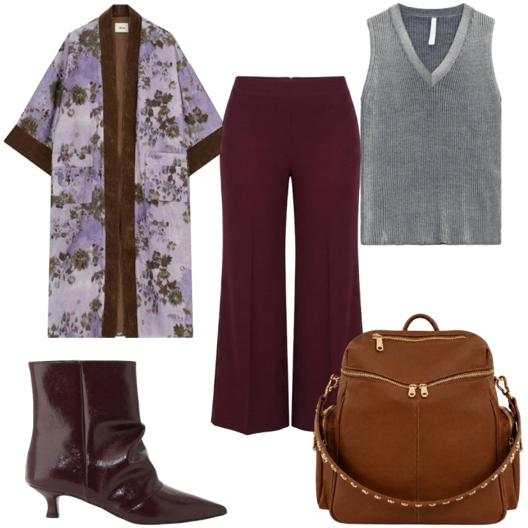 Outfit donna - Total look #2477314. Stile 70s per Tutti i giorni. Abbinamento con top, kimono, stivaletti, pantaloni a palazzo, zaini.