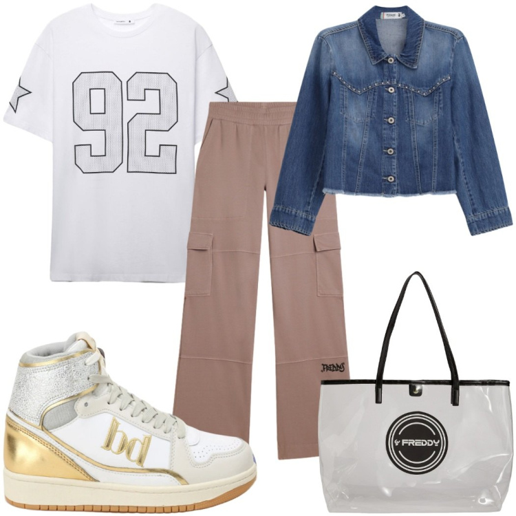 Outfit donna - Total look #2477320. Stile Urban per Tutti i giorni. Abbinamento con t-shirt, sneakers alte, blazer, shopping bag, pantaloni cargo.