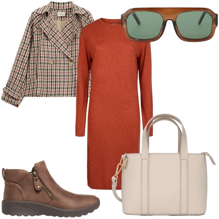 Outfit donna - Total look #2477323. Stile Trendy per Tutti i giorni. Abbinamento con stivaletti, vestiti midi/longuette, borse a tracolla, occhiali da sole, cappotti.