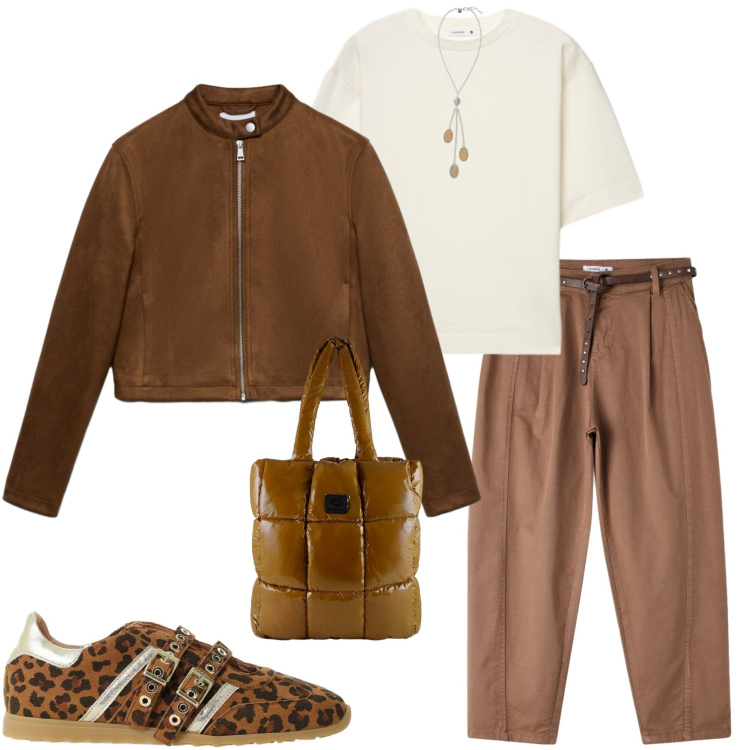 Outfit donna - Sneakers mania. Stile Glamour per Tutti i giorni. Abbinamento con collane, sneakers, shopping bag, giacche, pantaloni, t-shirt.